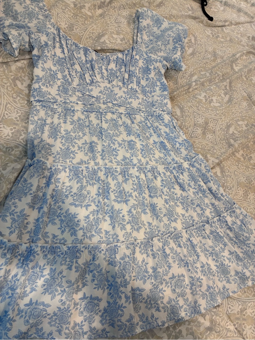 Trixxi White and Light Blue Floral Tiered Mini Dress